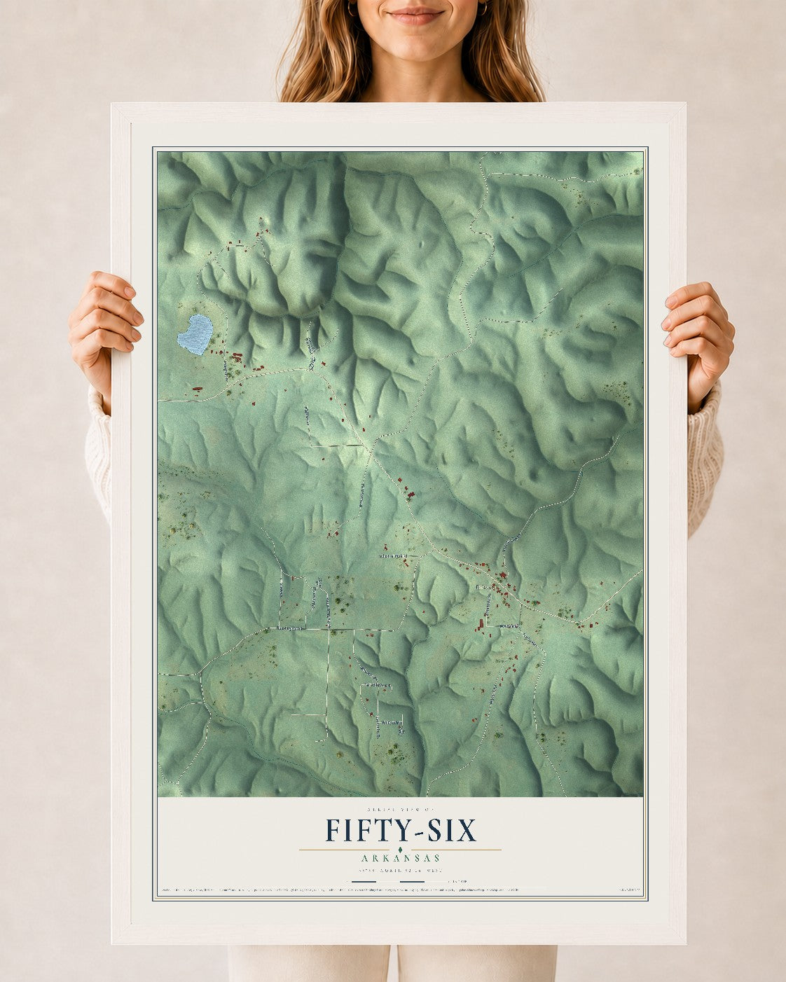 Map of Fifty-Six, Arkansas, 24 x 36 inch print in a white wood frame