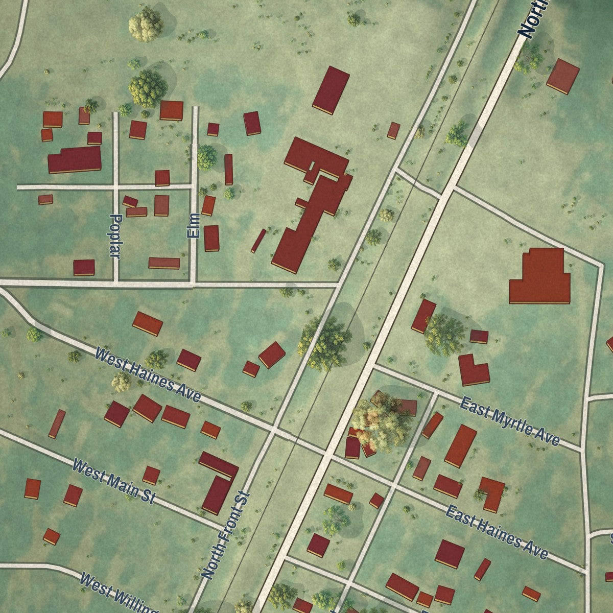 Close-up of the map of Fisher, Arkansas print showing street and building detail