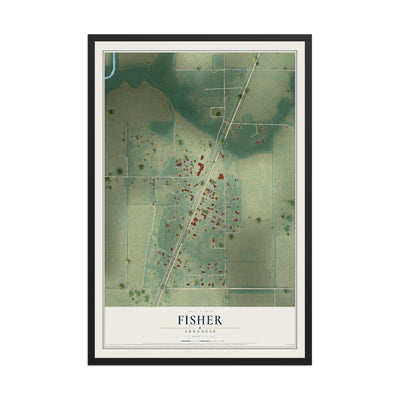 Map of Fisher, Arkansas, 12 x 18 inch print in a black wood frame