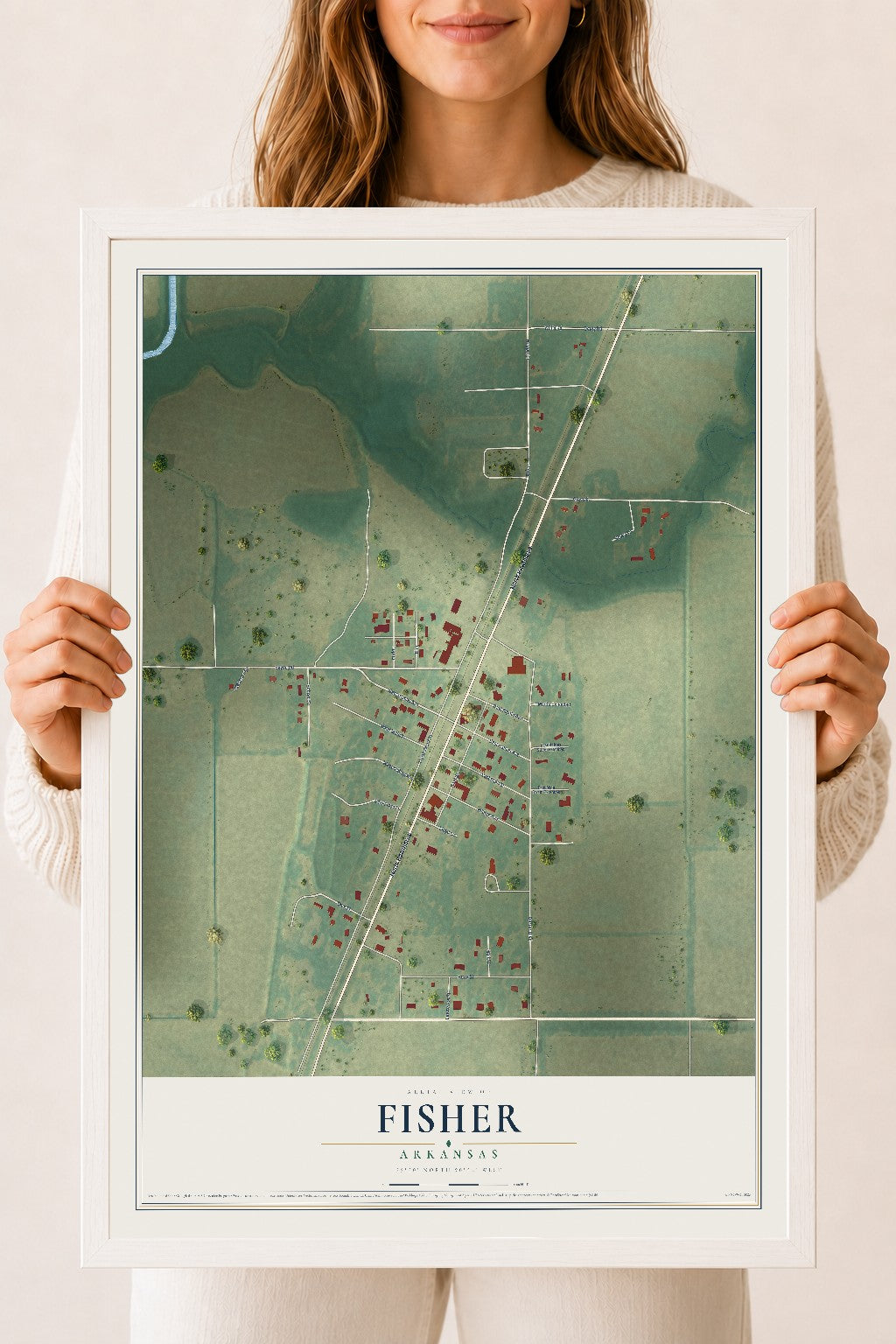 Map of Fisher, Arkansas, 18 x 24 inch print in a white wood frame