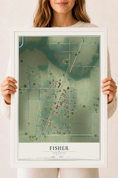 Map of Fisher, Arkansas, 18 x 24 inch print in a white wood frame