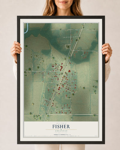 Map of Fisher, Arkansas, 24 x 36 inch print in a black wood frame