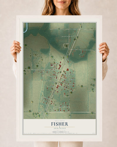 Map of Fisher, Arkansas, 24 x 36 inch print in a white wood frame