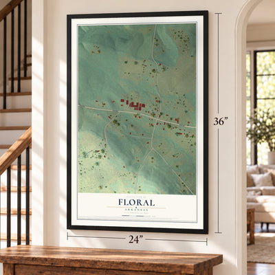 Floral, Arkansas map, 24 x 36 inch print in a black frame by a staircase
