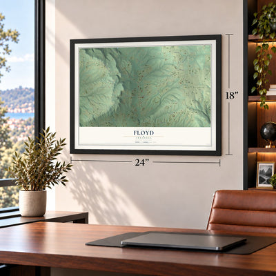 Floyd, Arkansas map, 18 x 24 inch print in a black frame in a home office