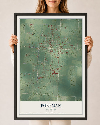 Map of Foreman, Arkansas, 24 x 36 inch print in a black wood frame