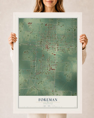 Map of Foreman, Arkansas, 24 x 36 inch print in a white wood frame