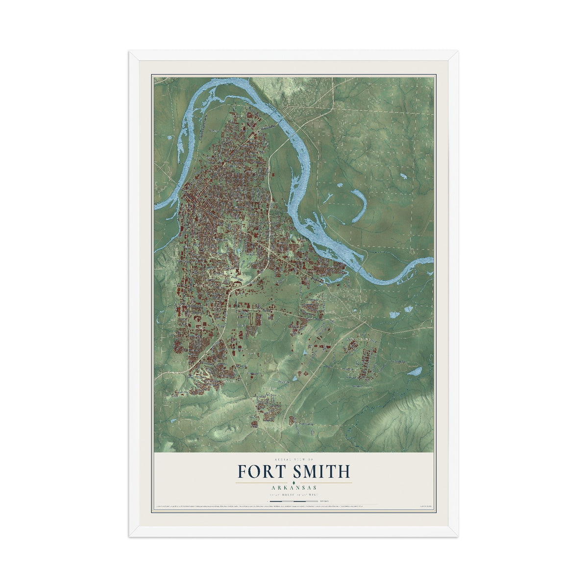 Map of Fort Smith, Arkansas, 12 x 18 inch print in a white wood frame