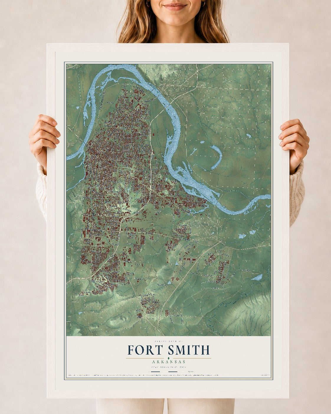 Map of Fort Smith, Arkansas, 24 x 36 inch print in a white wood frame