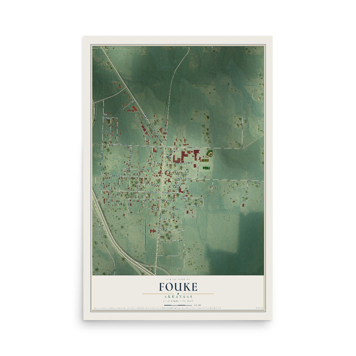 Map of Fouke, Arkansas, 12 x 18 inch unframed archival matte print