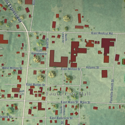 Close-up of the map of Fouke, Arkansas print showing street and building detail