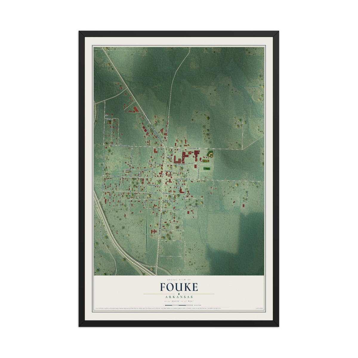 Map of Fouke, Arkansas, 12 x 18 inch print in a black wood frame