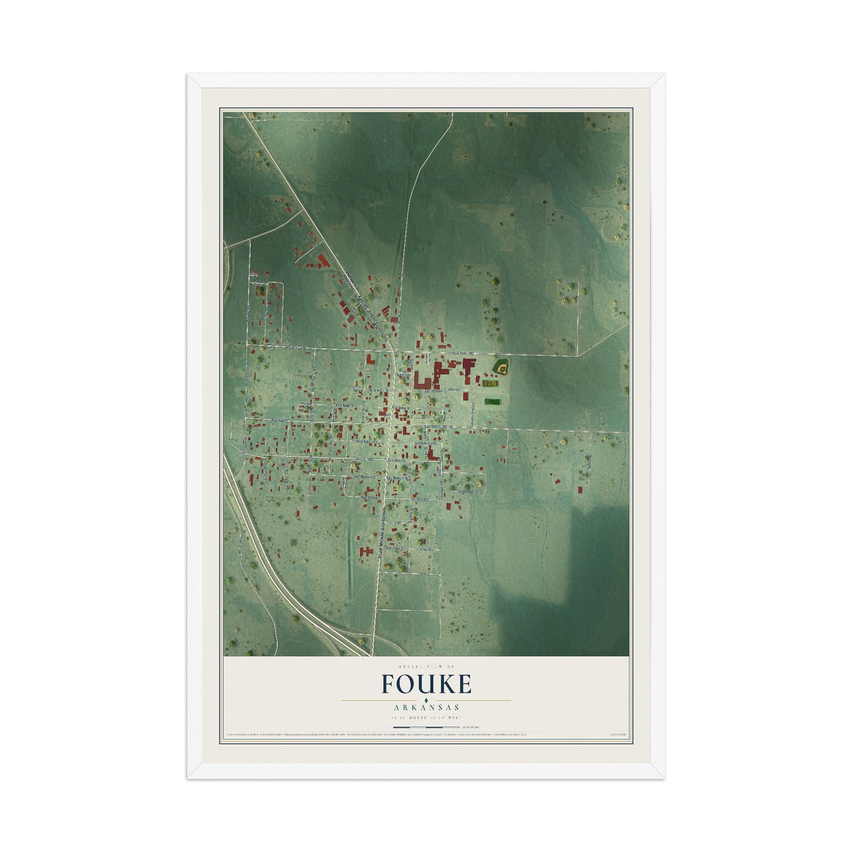 Map of Fouke, Arkansas, 12 x 18 inch print in a white wood frame