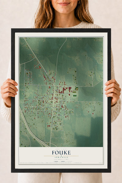 Map of Fouke, Arkansas, 18 x 24 inch print in a black wood frame