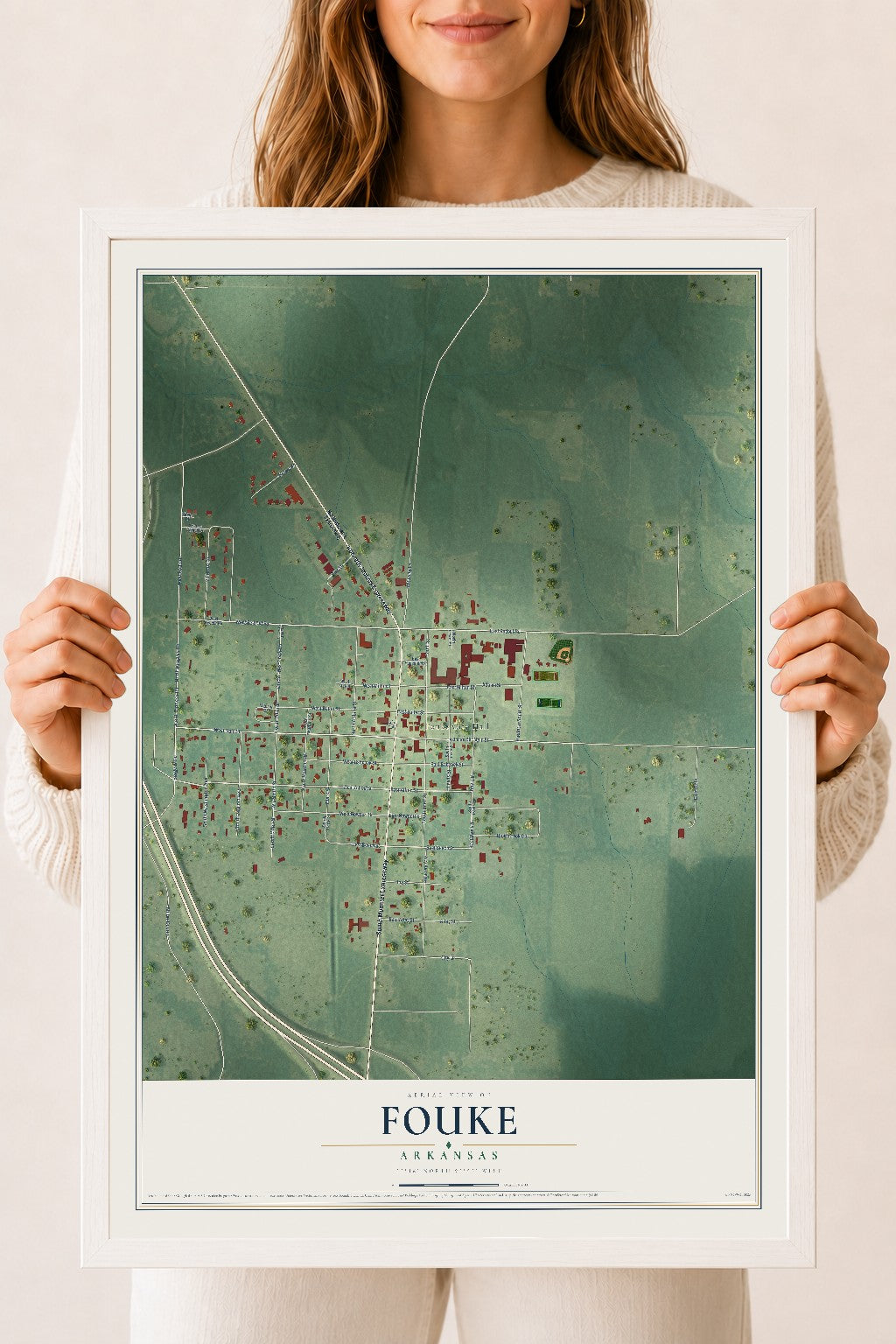 Map of Fouke, Arkansas, 18 x 24 inch print in a white wood frame