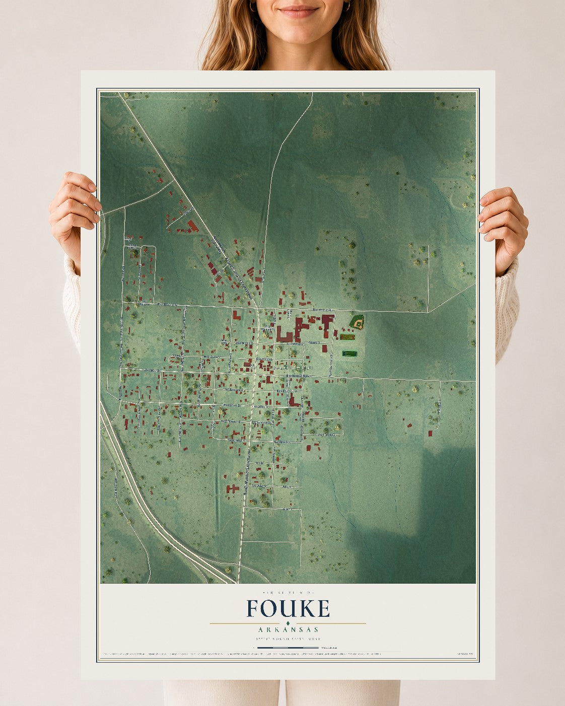 Map of Fouke, Arkansas, 24 x 36 inch unframed archival matte print