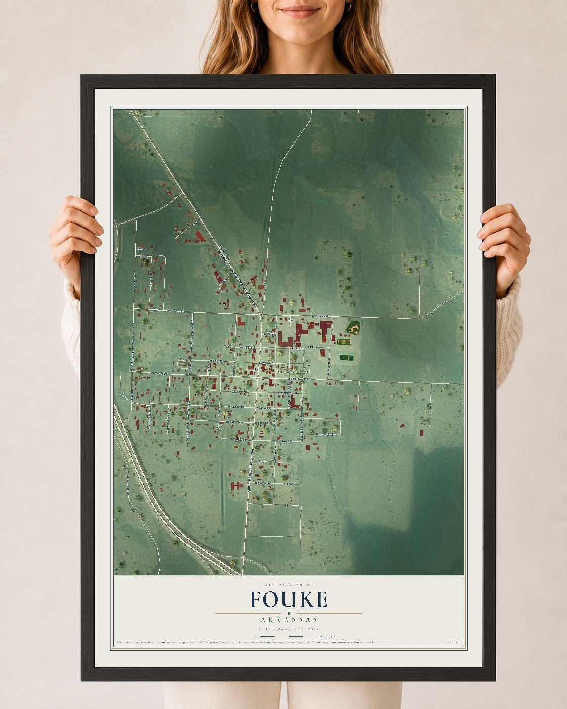 Map of Fouke, Arkansas, 24 x 36 inch print in a black wood frame