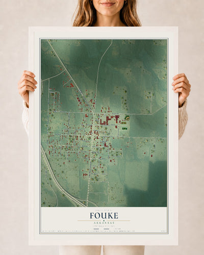 Map of Fouke, Arkansas, 24 x 36 inch print in a white wood frame