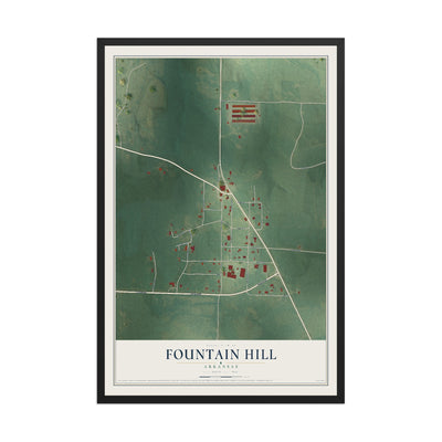Map of Fountain Hill, Arkansas, 12 x 18 inch print in a black wood frame
