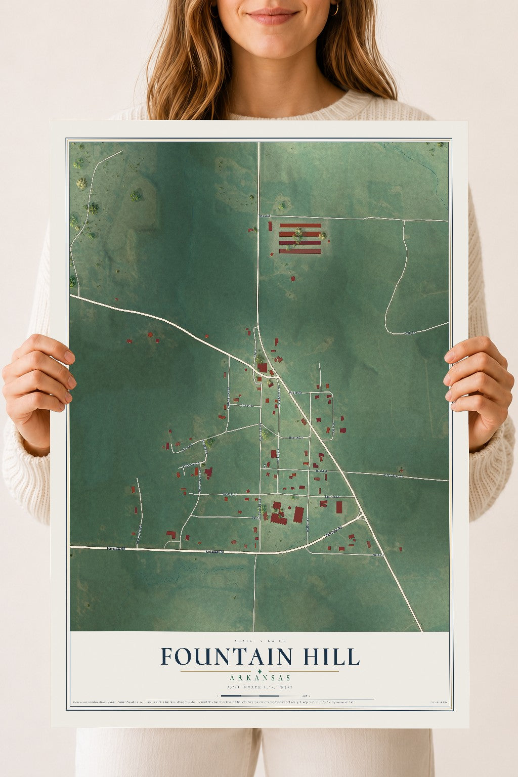 Map of Fountain Hill, Arkansas, 18 x 24 inch unframed archival matte print