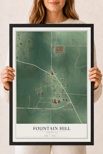 Map of Fountain Hill, Arkansas, 18 x 24 inch print in a black wood frame