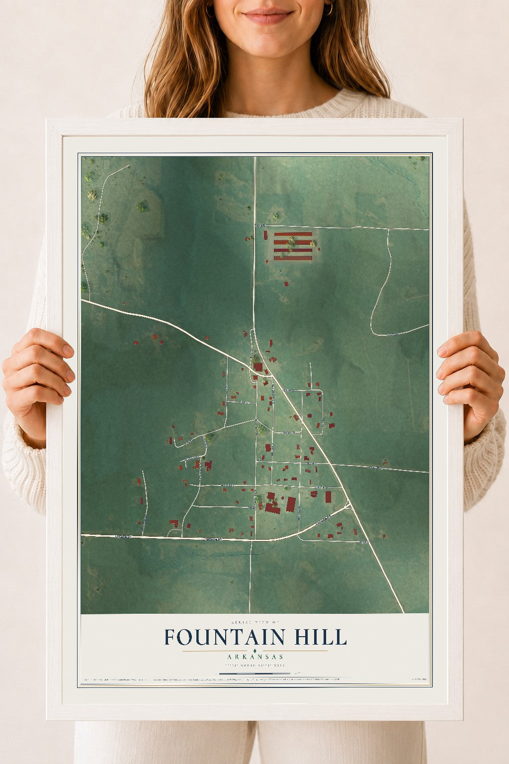 Map of Fountain Hill, Arkansas, 18 x 24 inch print in a white wood frame