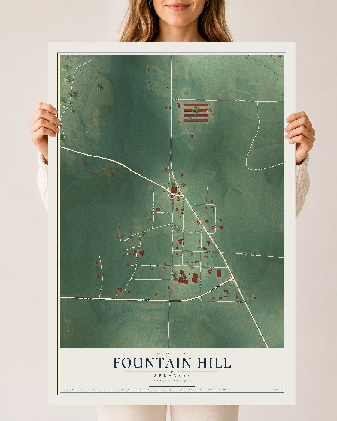 Map of Fountain Hill, Arkansas, 24 x 36 inch unframed archival matte print