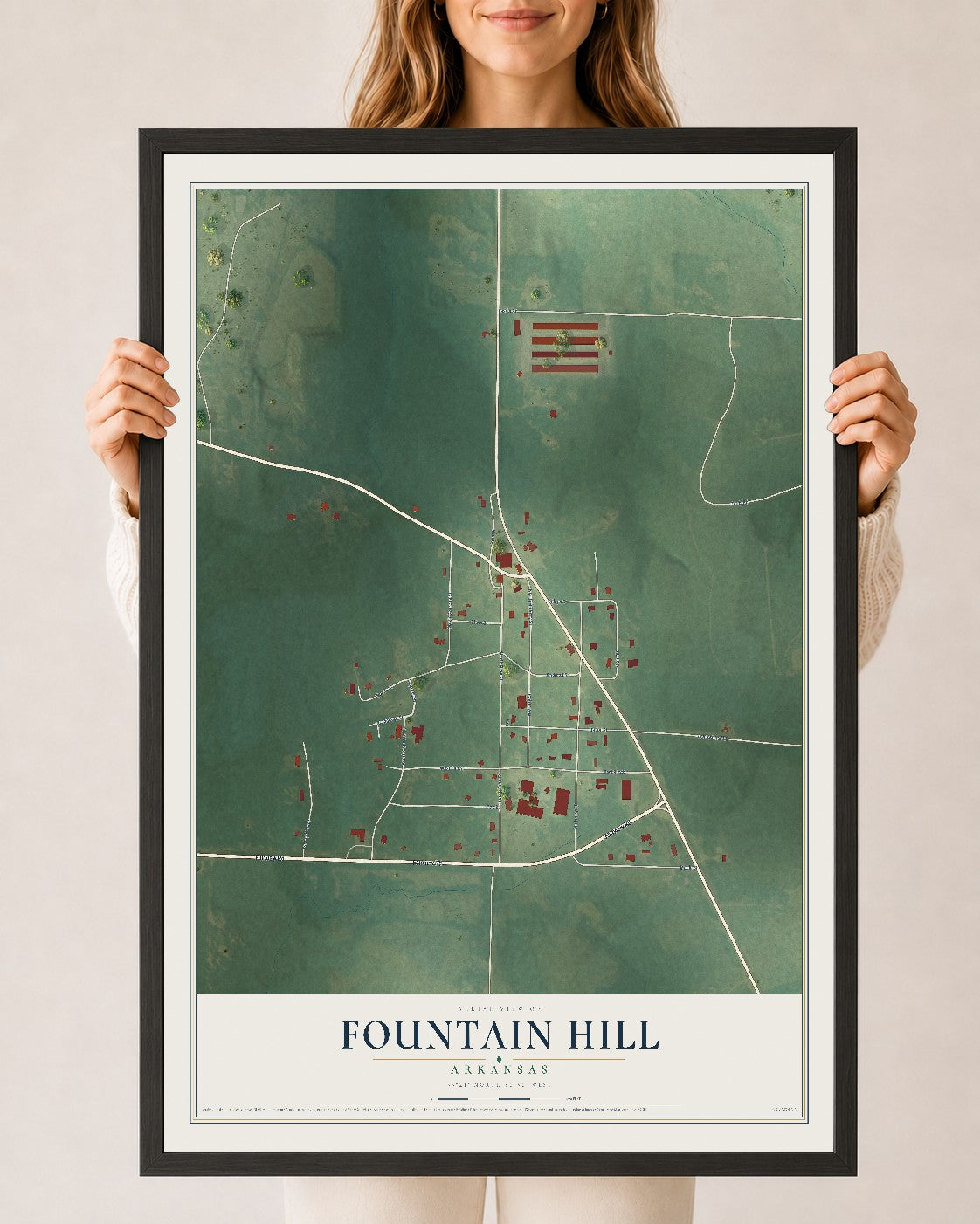 Map of Fountain Hill, Arkansas, 24 x 36 inch print in a black wood frame