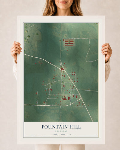 Map of Fountain Hill, Arkansas, 24 x 36 inch print in a white wood frame