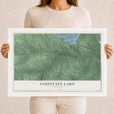 Map of Fountain Lake, Arkansas, 12 x 18 inch print in a white wood frame