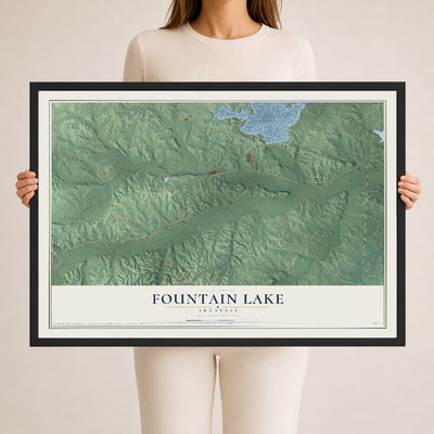 Map of Fountain Lake, Arkansas, 24 x 36 inch print in a black wood frame