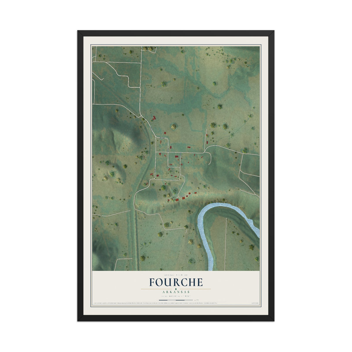 Map of Fourche, Arkansas, 12 x 18 inch print in a black wood frame