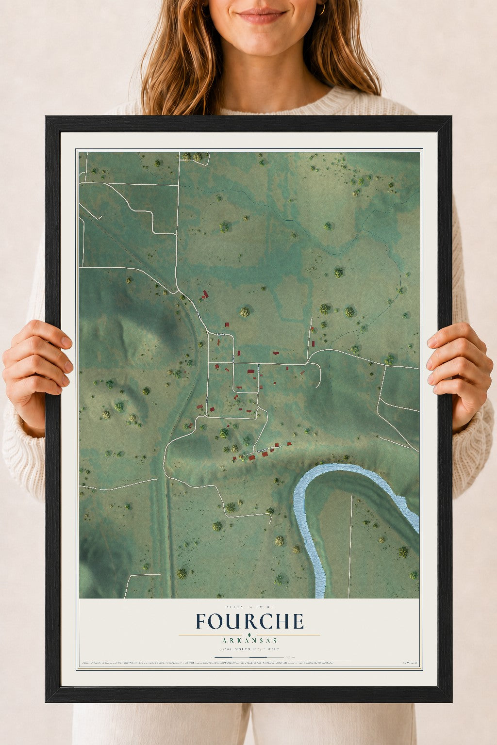 Map of Fourche, Arkansas, 18 x 24 inch print in a black wood frame