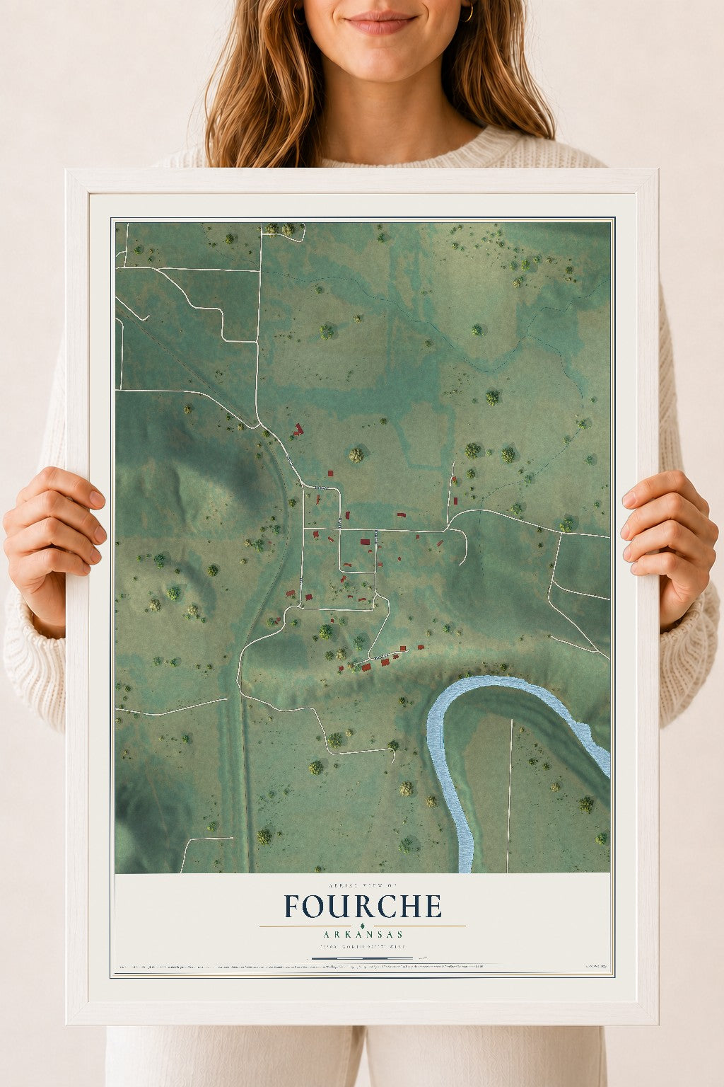 Map of Fourche, Arkansas, 18 x 24 inch print in a white wood frame