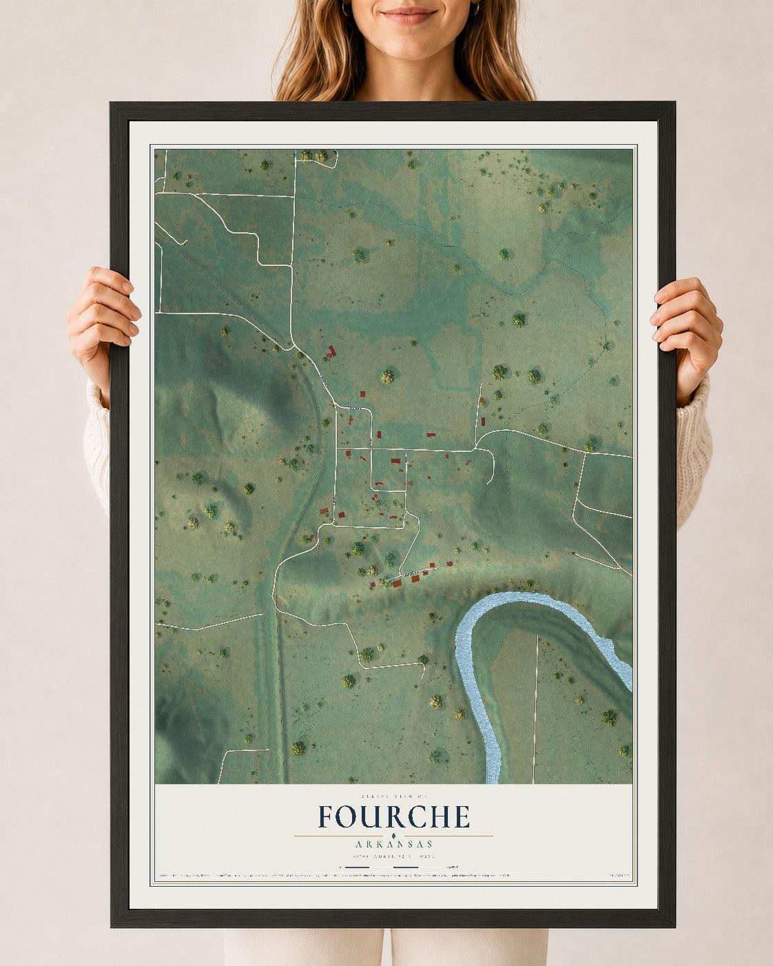 Map of Fourche, Arkansas, 24 x 36 inch print in a black wood frame