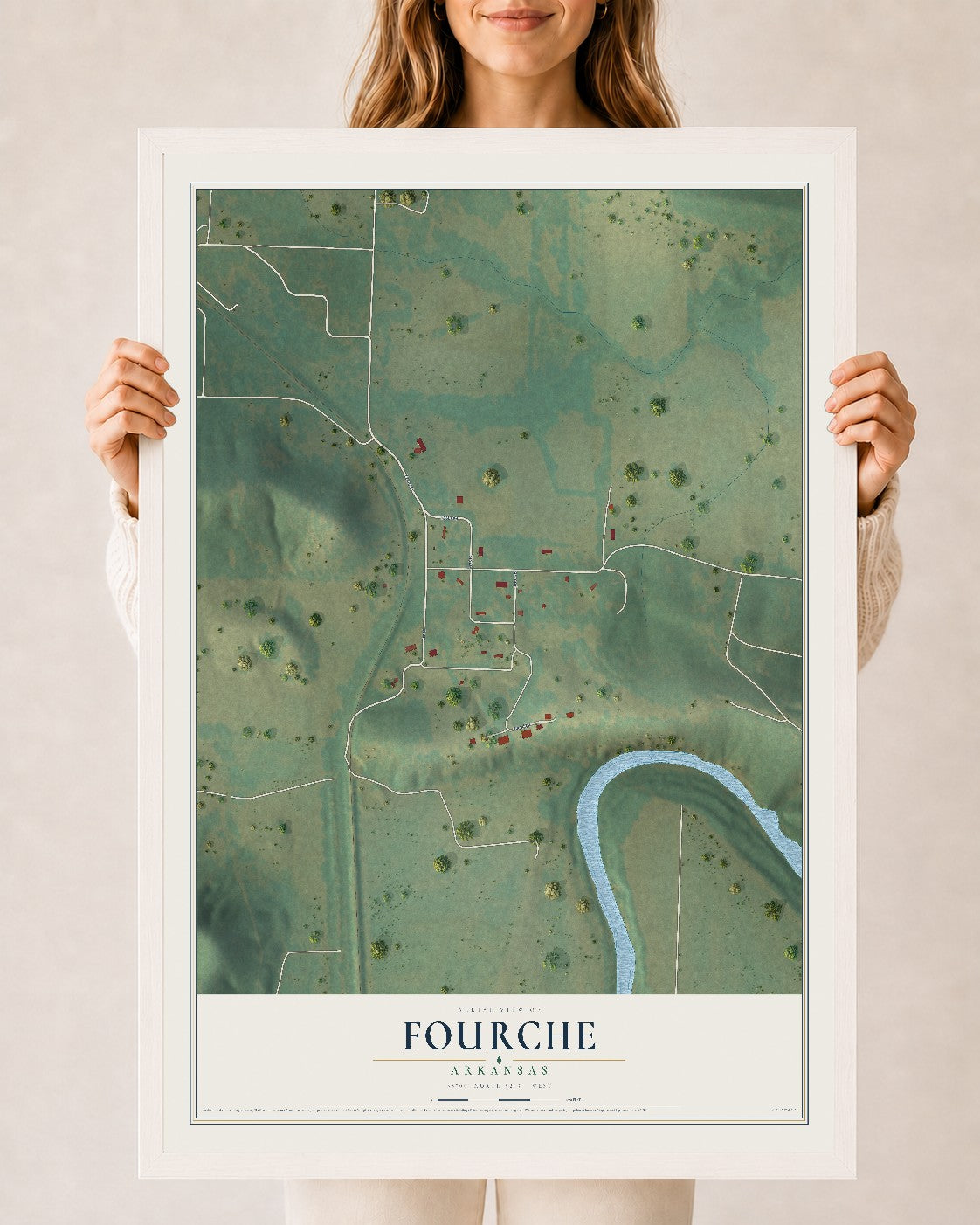 Map of Fourche, Arkansas, 24 x 36 inch print in a white wood frame