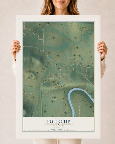 Map of Fourche, Arkansas, 24 x 36 inch print in a white wood frame