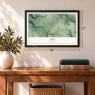 Fox, Arkansas map, 12 x 18 inch print in a black frame in an entryway