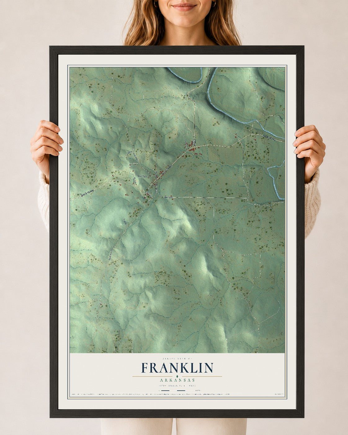 Map of Franklin, Arkansas, 24 x 36 inch print in a black wood frame