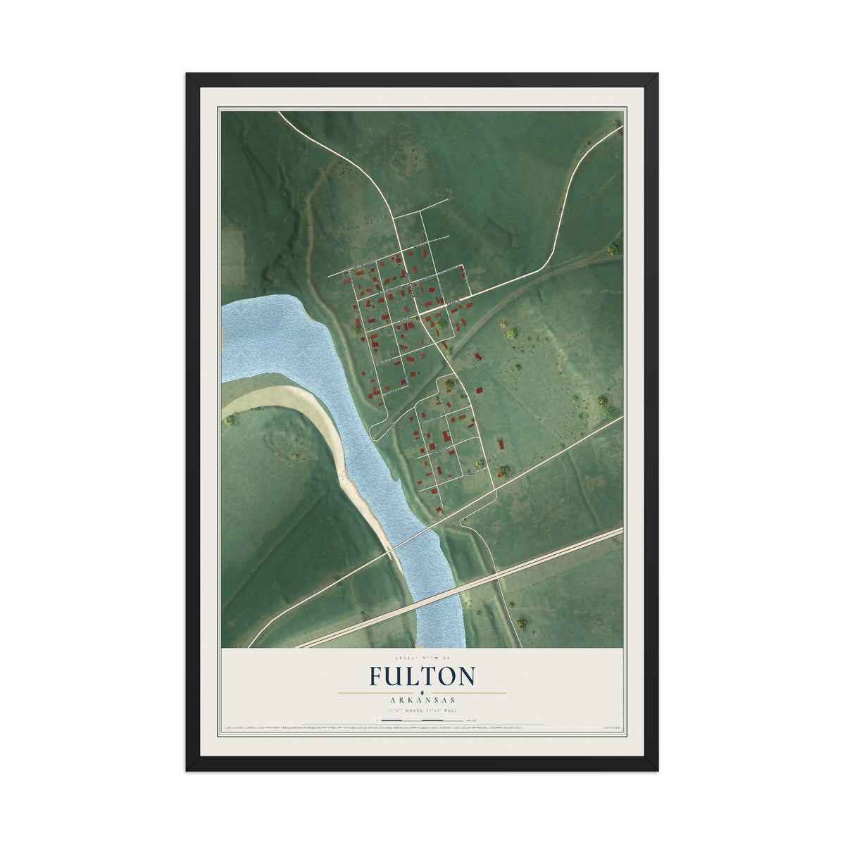Map of Fulton, Arkansas, 12 x 18 inch print in a black wood frame
