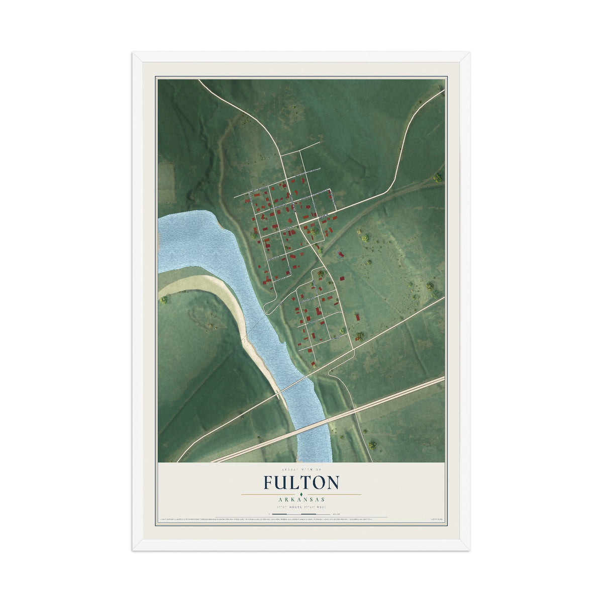 Map of Fulton, Arkansas, 12 x 18 inch print in a white wood frame