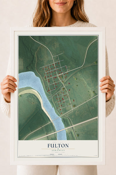Map of Fulton, Arkansas, 18 x 24 inch print in a white wood frame