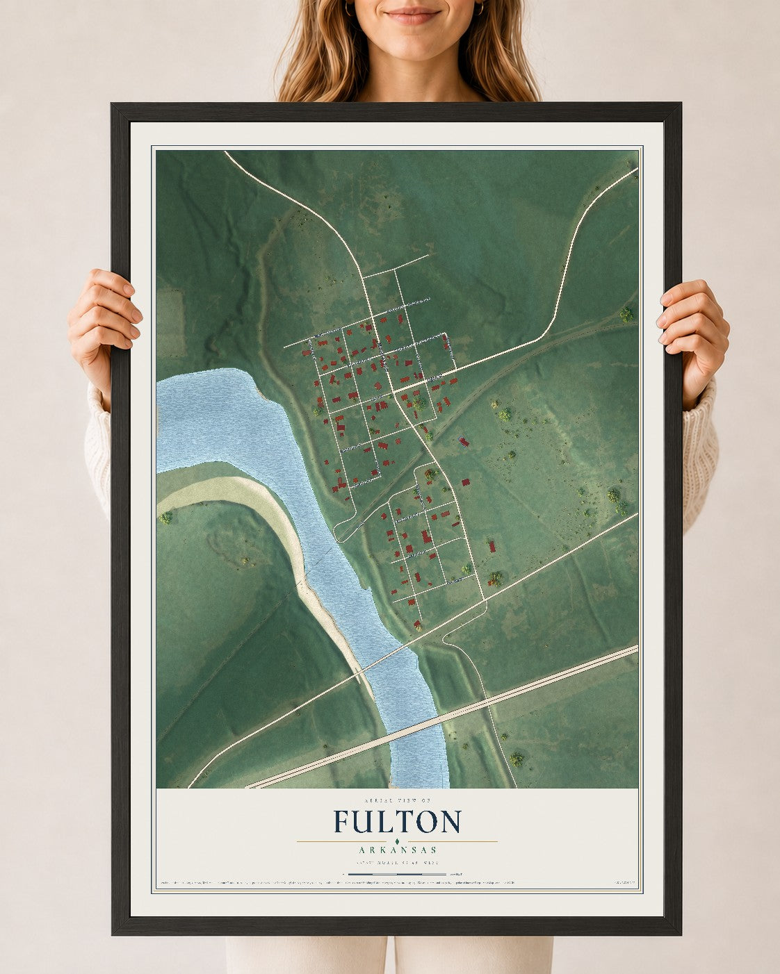 Map of Fulton, Arkansas, 24 x 36 inch print in a black wood frame