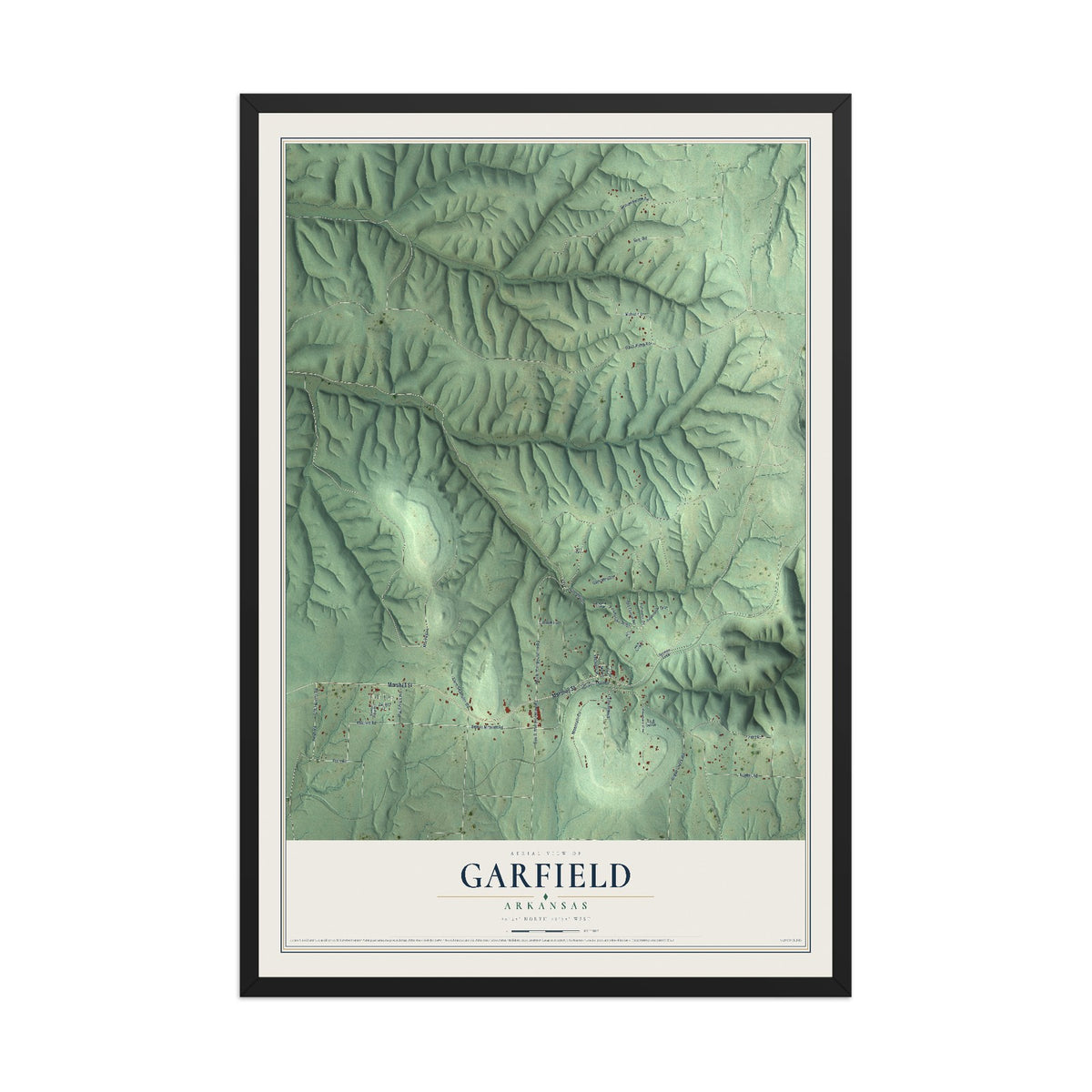 Map of Garfield, Arkansas, 12 x 18 inch print in a black wood frame