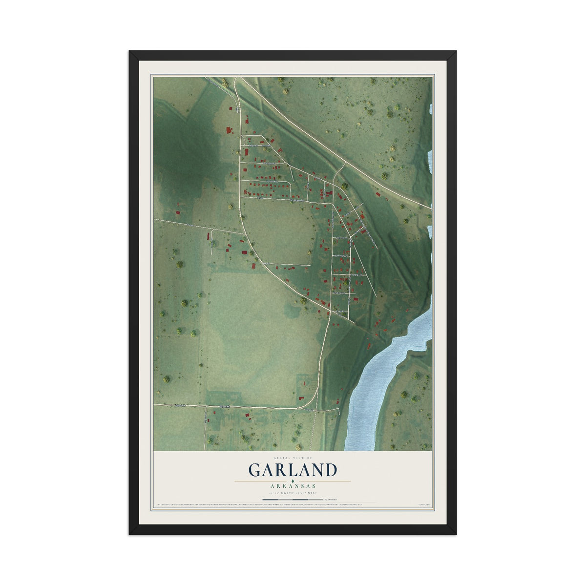 Map of Garland, Arkansas, 12 x 18 inch print in a black wood frame