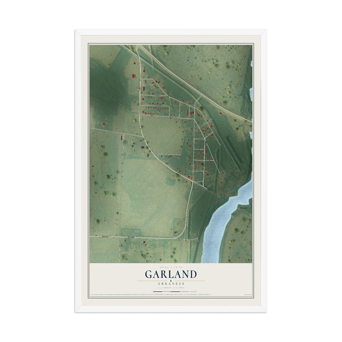 Map of Garland, Arkansas, 12 x 18 inch print in a white wood frame