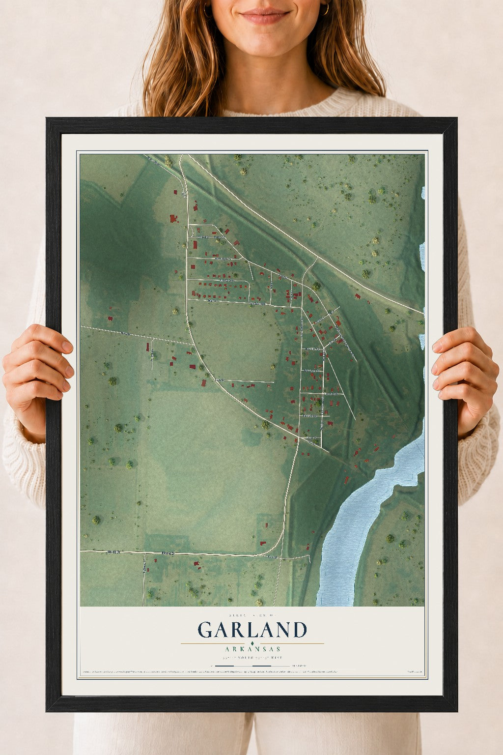 Map of Garland, Arkansas, 18 x 24 inch print in a black wood frame