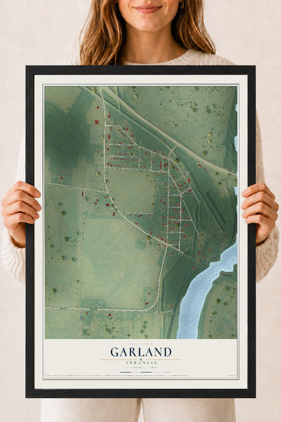 Map of Garland, Arkansas, 18 x 24 inch print in a black wood frame