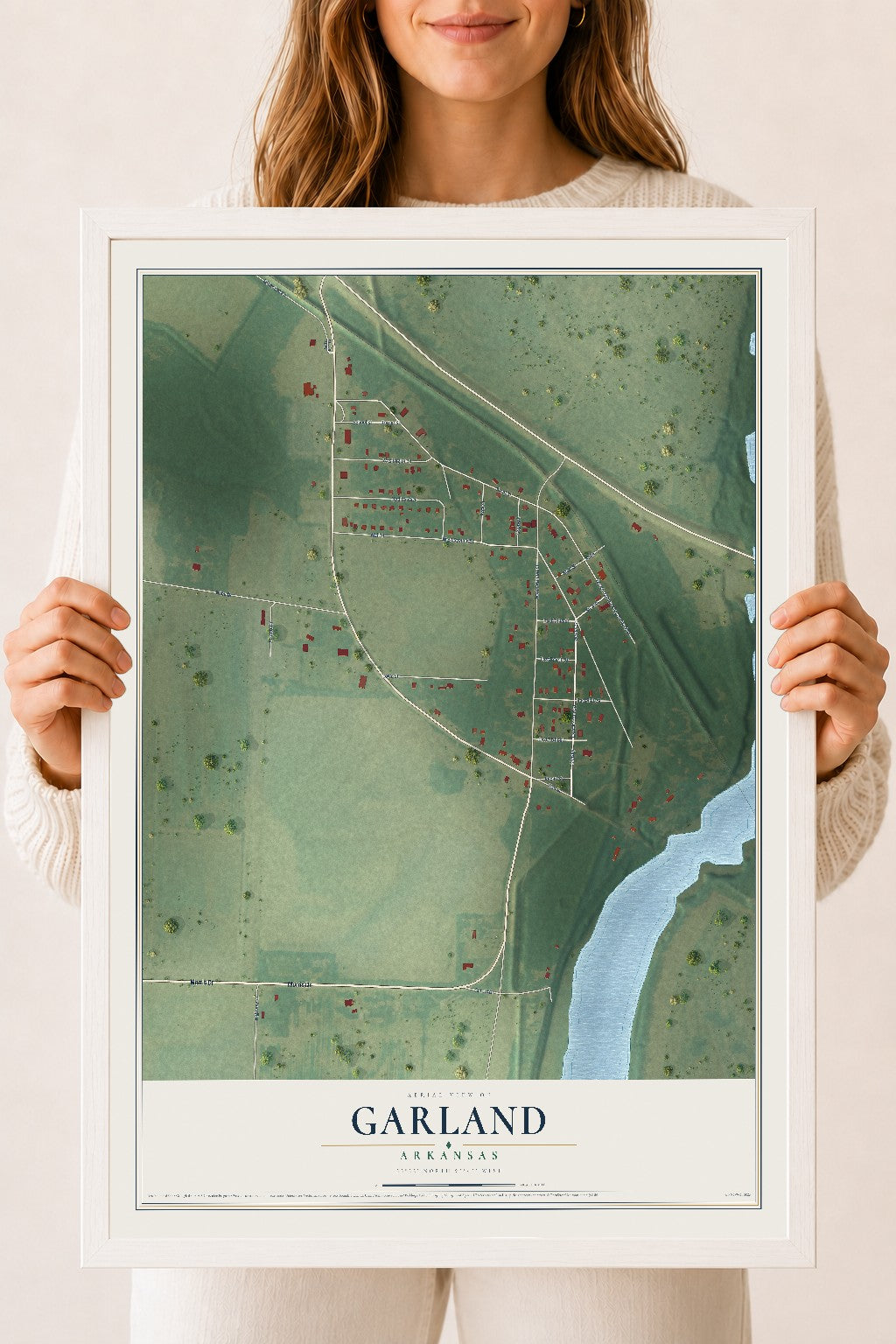 Map of Garland, Arkansas, 18 x 24 inch print in a white wood frame