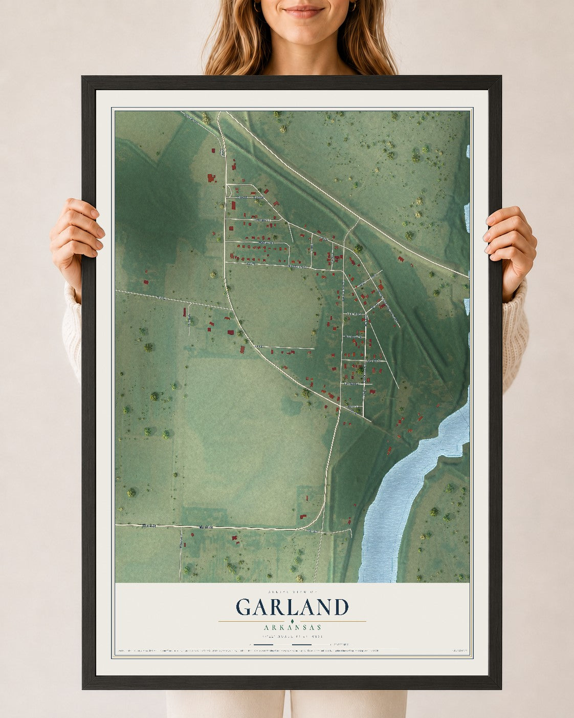 Map of Garland, Arkansas, 24 x 36 inch print in a black wood frame